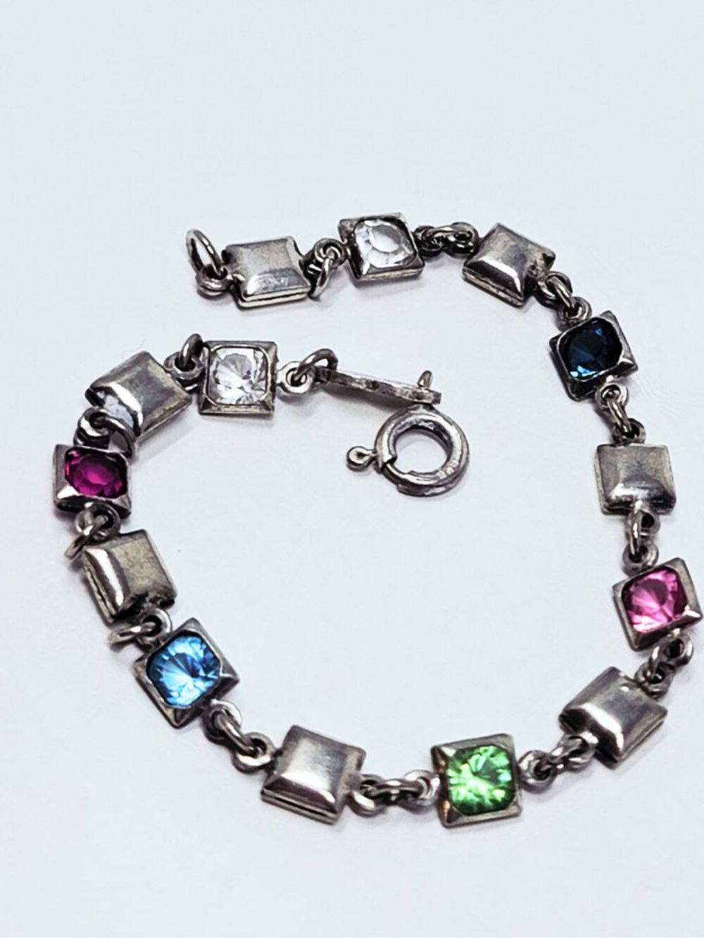 Italy 925 Sterling Silver Dainty Multicolor Rhinestone Link Bracelet